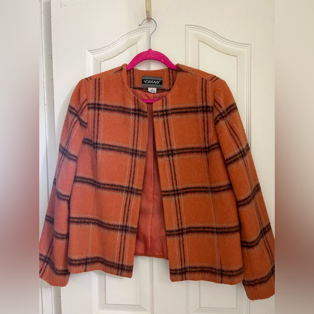Wool Mohair Open Front Plaid Jacket